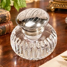 Brilliant Large Antique Cut Crystal Paperweight Inkwell with Sterling Silver picture