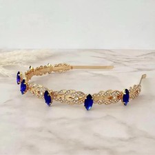 Blue Sapphire & Diamond Elegance 18K Yellow Gold Over Bridesmaid Tiara Headband picture