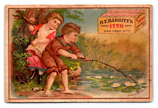 1870S-80S LOVELY KIDS LILLY POND FISHING BABBITT'S 1776 SOAP TRADE CARD picture