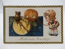 John Winsch Freixas Halloween Greetings Postcard Girl with JOL, Owl in Pine Tree picture
