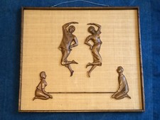 Vintage Carved Wood Limbo Dancers on Burlap Framed 1960s Tiki Bar Decor 21x24 picture