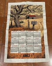 KD-S 1983 VINTAGE LINEN CALENDAR TEA TOWEL BARN CARDINAL RED BIRD FARM SCENE NEW picture