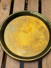 Vintage 70’s Round Brass Tray 8 in Gold Brass Finish Etched Lucky Pixie Design picture