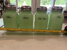 Vintage Jadeite Green Glass Spice Jars Set 4 Flour Basil Dill Weed Sage picture