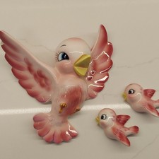 Rare Vintage Py Pink Birds Wall Plaque Ucagco Japan Ceramic Anthropomorphic Read picture