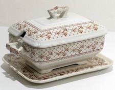 Antique Brownfield & Sons Harvard Pattern Brown Ironstone Covered Tureen Bowl picture
