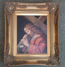 Ornate Framed Jesus Christ Savior Carrying Cross Religious Canvas Art Vintage picture