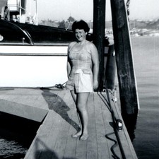 c1950s Barefoot Woman Swimsuit Yacht Boat Dock Snapshot Photo Harbor Marina Vtg picture