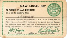 UAW Local 887 Labor Union Aerospace Auto Agriculture 1960s Member Card Vintage picture