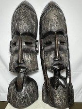 Pair 36” African Fulani Male & Female Masks Ghana Tribal Wall Art picture