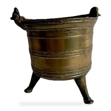 17th Century Cast Brass Tripod Cauldron Cooking Pot Iron Bail Handle picture