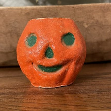Antique Vintage Halloween Paper Mache Jack-o-lantern Nut Cup Pumpkin 2 1/2” MINI picture