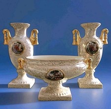 VTG Empire Ware Shelton Ivory 3pc Set Urn Vases & Pedestal Centerpiece Compote  picture