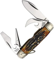 Rough Ryder Kamp King Pocket Knife Mirror Carbon Steel Blades Stag Bone Handle picture