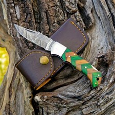 SK Customs Damascus Steel Folding Pocket Knife Green Wood Lockback With Sheath picture