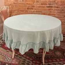 Vintage Mint Seafoam Green Ruffle Hem Edge Round Tablecloth 75” picture