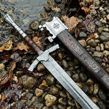 Hand Forged Damascus Steel Crusader Sword, Medieval Knight Display Collectible picture