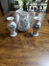 Vintage Three-piece Hermitage Pottery Set with Applied Blue Floral Decorations picture
