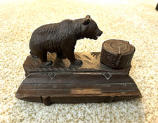 Antique Black Forest Style Carved Wood Bear Inkwell w/ Glass Insert picture