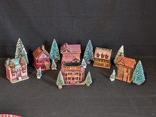 6 Vtg Wheat Straw Balsa Wood Marquetry House Trinket Boxes & Bottle Brush Trees picture