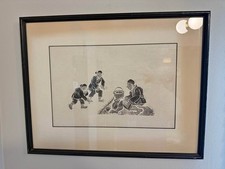 Vintage 1970s Chinese Stone Rubbing Rice Farmers Framed Wall Art 21x16.5 picture