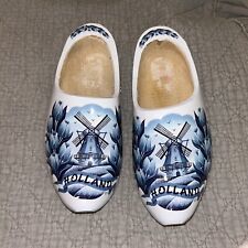 HOLLAND DUTCH WOODEN CLOG SHOES HAND CARVED WHITE DELFT BLUE WINDMILL picture