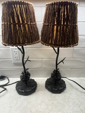 Vtg Pair Eddie Bauer Pine Cone Table Lamps Rust Twig Shades Lodge Cabin 2003 picture