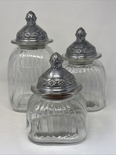 3 Artland Vintage Clear Ribbed Glass Apothecary Canisters Pewter Lids 5”,7” & 9” picture