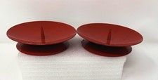 VTG MCM 60’s Beautiful Christmas Red Metal Disc Pillar Candle Holders picture