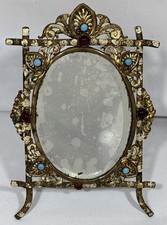 Antique Jeweled Enamel Brass Bronze Ormolu Easel Frame Beveled Glass Desk Mirror picture