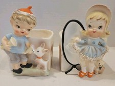 Relpo Samson Import 1961 Boy w/puppy & Girl W/kitten 1961 Figurine Planters, Vtg picture