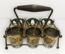 VINTAGE CULVER “PISA” BAR SET 22kt GOLD 6 GLASSES TEAK BRASS HOLDER picture