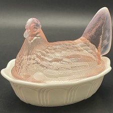 Fenton Pink White Split Tail Hen on Nest Salt Cellar c1980s USA 4.25