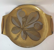 Vintage Georges Briard Gold Glass Tray Chestnut Leaf Midcentury 16x14 Barware picture