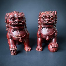 VTG Red Cinnabar Resin Foo Dogs Pair Guardian Lions Chinese Feng Shui Statues picture