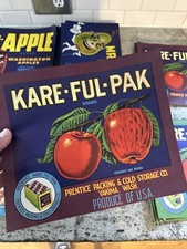 VINTAGE Purple APPLE CRATE LABEL YAKIMA WA PRENTICE FRUIT KARE-FUL-PAK APPLES picture