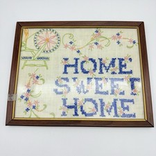 Vintage HOME SWEET HOME Needlepoint Art Glass Frame USA Completed & Framed picture