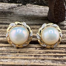 Gorgeous Pearl Earrings with Diamond Accents Omega Back 14K Two-Tone Gold Plated picture