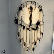 VTG Huge Native American Dream Catcher Art Fur, Wool, and Feathers 40” picture