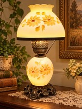 Vintage Yellow Floral GWTW Style Hurricane Lamp Hand Painted Glass Parlor 17” picture