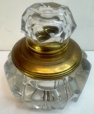 Large Antique Victorian Molded Glass & Brass Hinged Faceted Lid Round Inkwell picture