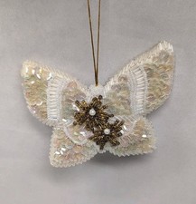 Vintage SILVESTRI Butterfly Ornament Beaded Sequin White Gold Christmas Decor  picture