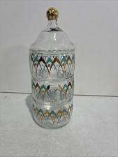 Vtg Anchor Hocking Teal Gold Stacking Tower Jar Atomic Boomerang Happy Hour Set picture
