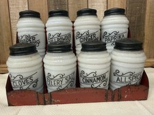 Vintage Hazel Atlas Beehive Scroll lettering milk glass Spice Shakers & Rack picture