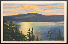 Sunset on Discovery Bay WA 1944 Postcard Asahel Curtis Linen Scenic View picture