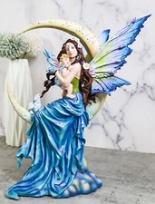 Crescent Moon Lullaby Mother Fairy in Blue Gown Embracing Her Child Baby Statue picture