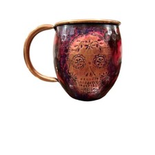 Mexican Handcrafted Recycled Copper Set of 2 Skull Barrel Mugs, Día de Muertos picture