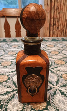 Vintage Italian Leather Wrapped Decanter Glass Lion Head Brass Mount w/Stopper picture