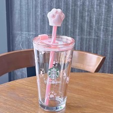 Starbucks Pink Cat Paw Glass Straw Cup with Cat Paw Stopper 450ml Tumbler Gifts picture