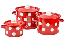 Novomoskovsk Red Polka Dot Enamel Stockpot Set Vintage Cooking Pot SET OF 3 picture